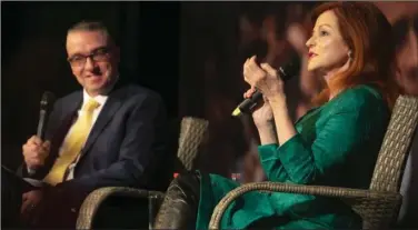  ?? PHOTO BY PATRICK BROWNE. ?? Larry Donnelly interviews New York Times columnist Maureen Dowd at the 2019 Kennedy Summer School in New Ross.