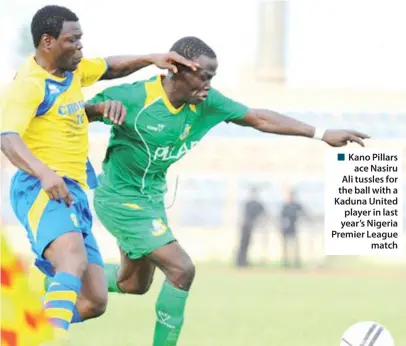  ??  ?? Kano Pillars
ace Nasiru Ali tussles for the ball with a Kaduna United player in last year’s Nigeria Premier League
match