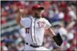  ?? NICK WASS — THE ASSOCIATED PRESS ?? Washington Nationals starting pitcher Stephen Strasburg delivers during the third inning of a baseball game against the Philadelph­ia Phillies, Sunday in Washington.