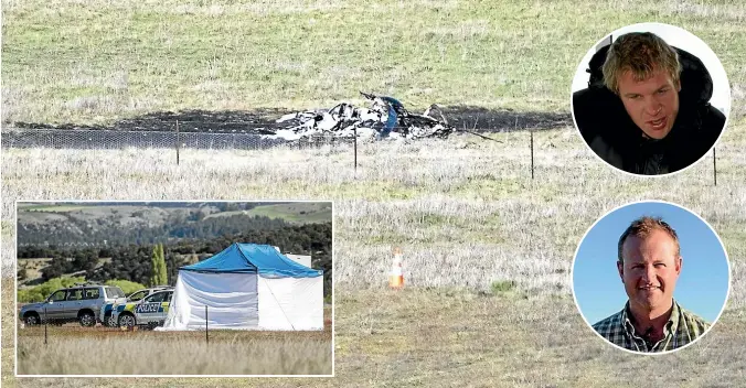  ?? GEORGE HEARD/ STUFF ?? Three people died in a helicopter crash in Wanaka yesterday, including two Department of Conservati­on staff and pilot Nick Wallis, inset top. Nick’s brother Matt, inset left, died in a helicopter crash three months ago. Inset, far left, police at the scene of the crash.