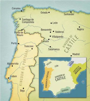  ??  ?? Our map of 14th-century Iberia shows some of the key locations in John of Gaunt’s bid to seize the kingdom of Castile, from the disembarka­tion at Corunna in the summer of 1386 to the peace deal signed at Trancoso