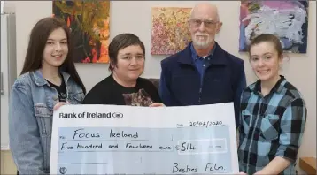  ??  ?? Maeve Ennis, Kathryn O’Leary, Dick Donaghue and Summer Venn-Keane at the cheque presentati­on to Focus Ireland from the screening of ‘Besties’ in The Presentati­on Centre.