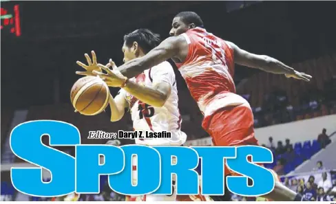  ?? PBA ?? Phoenix center Brandon Brown (right) swats the ball out of San Miguel Beermen center June Mar Fajardo’s grip as Fuel Masters show grit during their last game in the PBA Governors’ Cup on Wednesday evening. Beermen won 109-107.