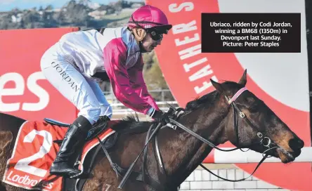  ?? ?? Ubriaco, ridden by Codi Jordan, winning a BM68 (1350m) in Devonport last Sunday. Picture: Peter Staples