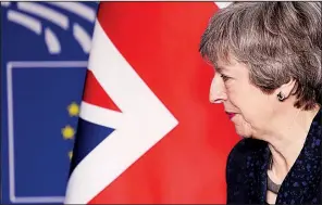  ?? AP/FRANCISCO SECO ?? British Prime Minister Theresa May arrives for a meeting Thursday with European Parliament President Antonio Tajani at European Union headquarte­rs in Brussels.