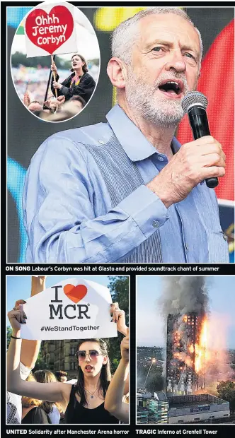  ??  ?? UNITED Solidarity after Manchester Arena horror TRAGIC Inferno at Grenfell Tower ON SONG Labour’s Corbyn was hit at Glasto and provided soundtrack chant of summer