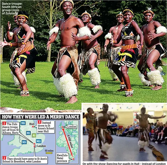  ??  ?? Dance troupe: South African group Lions of Zululand On with the show: Dancing for pupils in Hull – instead of London