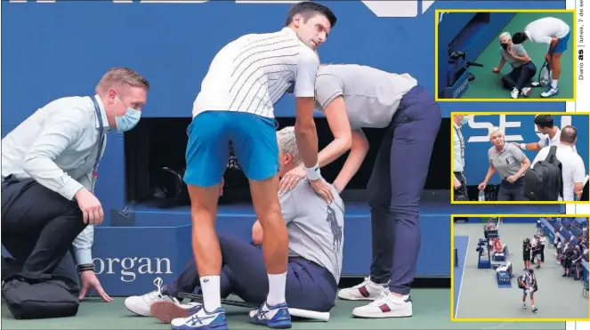  ??  ?? Novak Djokovic se interesa por el estado de la jueza de línea a la que pegó involuntar­iamente un pelotazo antes de marcharse descalific­ado.