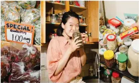  ?? ?? From left: $1 bags at a Queens grocery store, June Xie in her kitchen, and various ingredient­s she uses to cook.