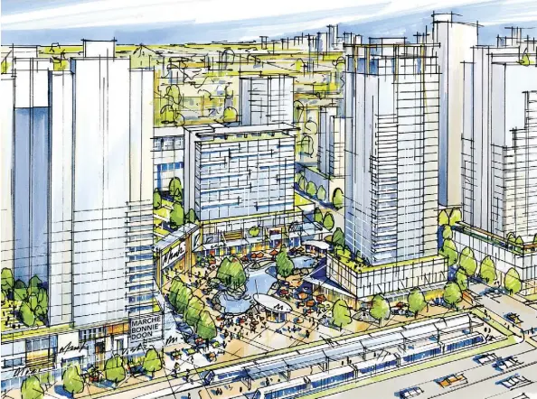  ??  ?? The proposed redevelopm­ent of the current Bonnie Doon Shopping Centre property would include retail space, park space, and condo towers, all built off the hub of the coming Bonnie Doon LRT station. The earliest date new constructi­on will happen is 2020.
