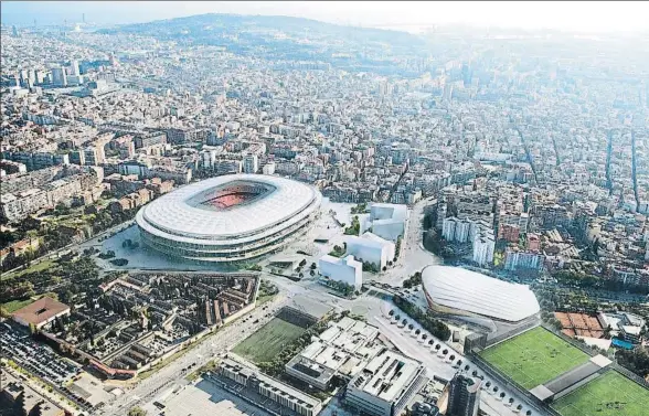  ?? SANTIAGO GARCÍ VILLANUEVA / FC BARCELONA ?? Vista virtual del Espai Barça con el Camp Nou y el Palau Blaugrana y los edificios que se ubicarán en el cruce de Joan XXIII y Arístides Maillol