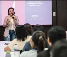  ?? ?? Aileen Antolin, vice-president and Trustee for Programme Developmen­t of Kasuso Foundation, speaks during a seminar on breast cancer awareness, in Mandaluyon­g, Mentro Manila.