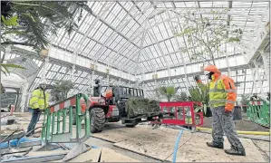  ?? Picture: AFP/JUSTIN TALLIS ?? HORTICULTU­RAL SHOWCASE: A forklift truck is used in positionin­g a large rock, as work progresses inside Temperate House in London