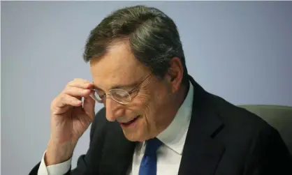  ??  ?? Mario Draghi issued warnings about the eurozone in Frankfurt after his final European Central Bank policy meeting. Photograph: Ralph Orlowski/Reuters