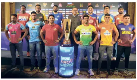  ?? PKL ?? All set: Captains of all the teams at the launch of PKL 9 in Bengaluru on October 6. The competitio­n will be held in three venues - Bengaluru, Pune and Hyderabad.