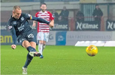  ?? Pictures: SNS. ?? Kenny Miller with the match ball, top, and scoring his second goal against Hamilton.