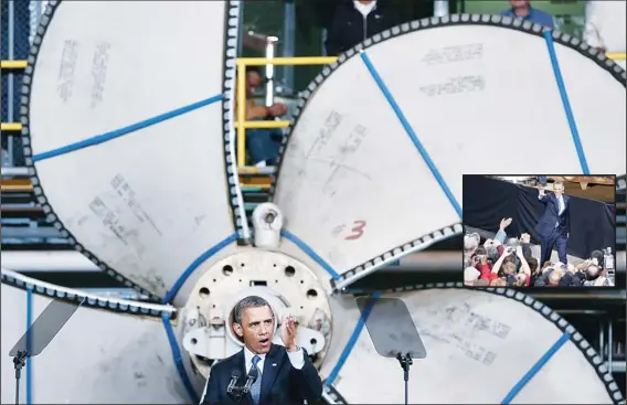  ?? matic defense budget cuts. (AFP/AP) ?? US President Barack Obama speaks during a visit to Newport News Shipbuildi­ng Feb 26, in Newport News, Virginia. (Inset): Obama waves to the crowd as he arrives for a speech about auto-