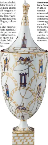  ??  ?? Assonanze tra le forme In alto, la facciata esterna del complesso delle terme di Salsomaggi­ore, a sinistra, Gio Ponti, «Urna serliana», 1924-1925, maiolica custodita a Sesto Fiorentino