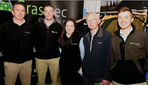  ?? Photos by John Tarrant. ?? Bertie Troy, Jamie Coughlan, Grace Sweetnam, Michael O’Dwyer and Conor Murphy at the Grasstec stand at the National Dairy Show in Millstreet.