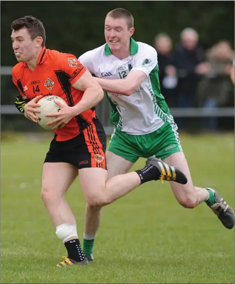  ??  ?? Mark Healy pounces for a Duhallow goal against Muskerry in the County SFC in Kanturk. Photo by John Tarrant