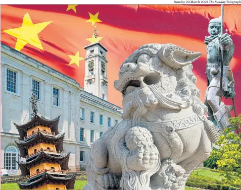  ?? ?? East meets West: from left, a pagoda in Ningbo, the Trent Building at Nottingham University, and a Chinese stone lion and the Robin Hood statue in the city. Below: Tony Sewell