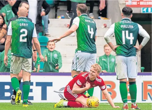  ??  ?? HIT AND MISS: Gary Mackay-Steven wins a penalty at Easter Road on Sunday but Sam Cosgrove’s spot kick was saved by Ofir Marciano