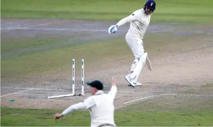  ??  ?? Jason Roy has his middle stump removed by Josh Hazlewood. Photograph: Martin Rickett/PA