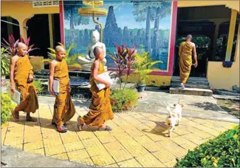  ?? FB ?? Buddhist monks at Sirisakor Daun Steng pagoda in Prey Veng province’s Preah Sdach district in July.