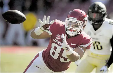  ?? NWA Democrat-Gazette/CHARLIE KAIJO ?? Arkansas senior tight end Cheyenne O’Grady, shown making a catch last season against Vanderbilt, tied for the team lead with 30 receptions last season and led the Razorbacks with six touchdown catches. “He’s one of the best football players in the country, and we’re going to treat him that way,” Arkansas Coach Chad Morris said.
