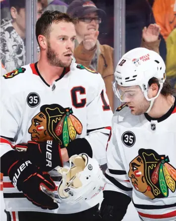  ?? TIM NWACHUKWU/GETTY IMAGES ?? Blackhawks captain Jonathan Toews has 20 points in 45 games this season.