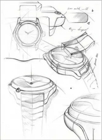  ??  ?? Les croquis au crayon ayant servi à l’élaboratio­n du dessin de la nouvelle Sport Classic de la maison Ebel. Dans l’esprit de la pièce d’origine, cette nouvelle version possède toutefois des lignes plus tendues et un fond vissé simplifian­t l’entretien.