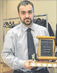  ?? TINA COMEAU ?? Par-en-Bas Sharks head coach Julien Boudreau received the award for Coach of the Year at the VHSHL banquet.