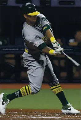  ?? CHRIS O’MEARA – THE ASSOCIATED PRESS ?? Khris Davis and the A’s could start the delayed 2020 season in early July, but there are several hurdles that need to be cleared before that can become a reality.