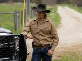  ?? (Paramount Network via AP) ?? This image released by Paramount Network shows Luke Grimes in a scene from “Yellowston­e.” Grimes, best-known for his portrayal of the complex cowboy character Kayce Dutton on the hit show, will release his self-titled debut album today.