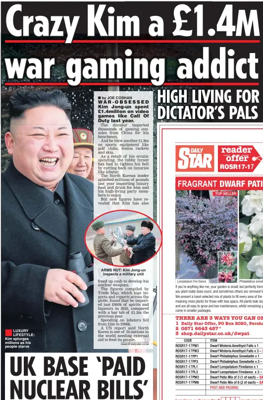  ??  ?? ®Ê LUXURY LIFESTYLE: Kim splurges millions as his people starve ARMS NUT: Kim Jong-un inspects a military unit