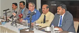  ?? (Muscat Daily) ?? Debraj Sanyal (second from left), Professor Dr Vladmir Martinek (centre) and Dr A N Nagaraj (second from right) at the media briefing