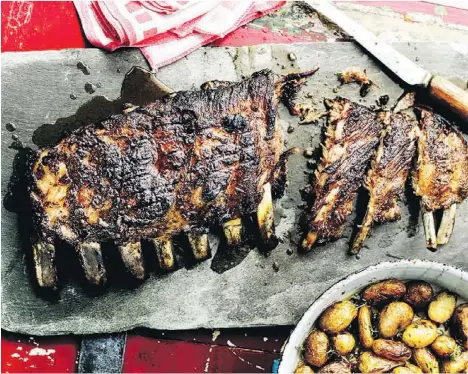  ??  ?? Roasted and Grilled Pork Ribs with Quince Glaze, from Ben Tish’s cookbook Grill Smoke BBQ, would pair nicely with a Riesling.