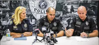  ?? BRUCE R. BENNETT / THE PALM BEACH POST ?? Delray Beach Assistant Police Chief Mary Olsen, Traffic Homicide Investigat­or Henry Lugo (center) and Traffic Homicide Sgt. Jeff Rasor speak Wednesday about the fatal April 28 crash.