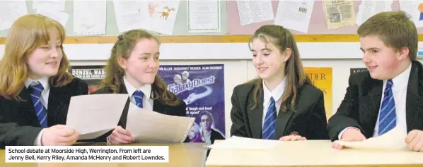  ??  ?? School debate at Moorside High, Werrington. From left are Jenny Bell, Kerry Riley, Amanda Mchenry and Robert Lowndes.