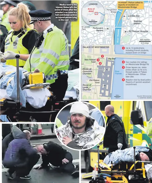  ?? PA/GETTY ?? Medics tend to the injured. Below left: the scene of chaos after the attacker’s car came to a halt and (below centre) an injured person lying
in the road