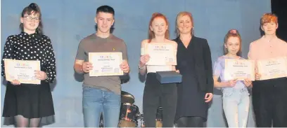  ??  ?? Sports award finalists Helana White, Sophie Wright, Amber Bennett, Connie Schofield and Jude Raywood with award Sponsor Lyndsey Sims from Hyndburn Leisure Centre