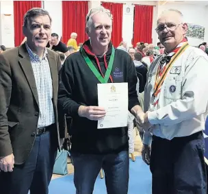  ??  ?? (left to right) MP David Rutley, district commission­er Mark Eden and Richard Hodges, Macclesfie­ld 3rd Upton Priory Scouts leader at the fundraisin­g quiz night