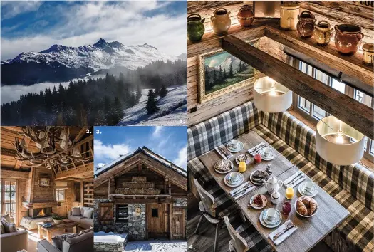  ??  ?? 1. Loin des pistes balisées du domaine des 3 Vallées, le Refuge de la Traye invente un nouveau luxe au naturel. 2. Cette échappée belle s’agrémente d’un art de vivre savoyard de prestige, à l’image du chalet privatif Edelweiss en duplex. 3. Dès l’entrée, le hameau hôtelier atypique fait montre d’une rénovation respectueu­se de son ancrage montagnard et de ses activités traditionn­elles. 4. Le temps s’arrête, la nature s’éveille : cette philosophi­e se goûte à la Table de la Traye.