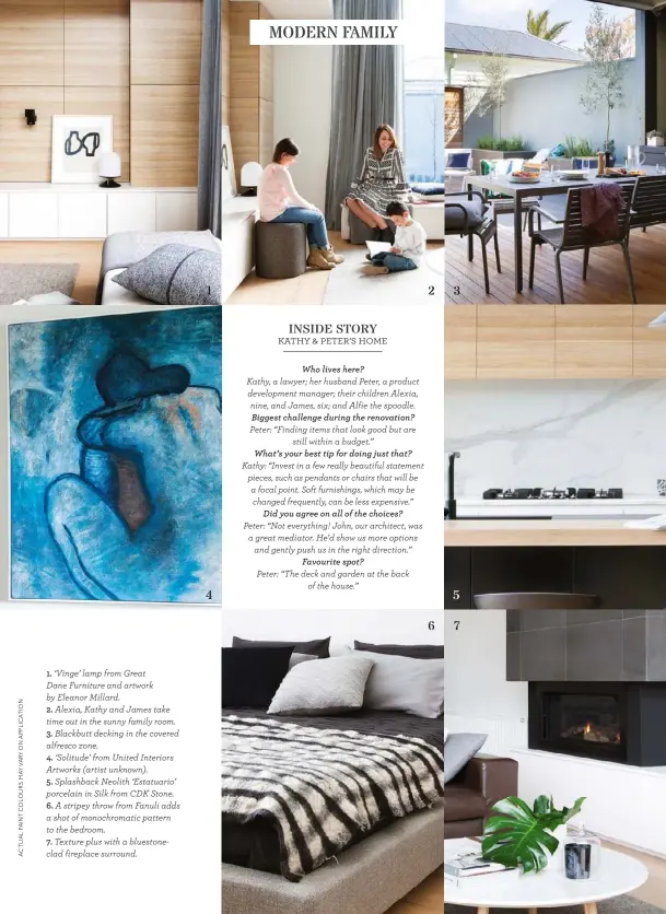  ??  ?? 1. ‘Vinge’ lamp from Great
Dane Furniture and artwork by Eleanor Millard.
2. Alexia, Kathy and James take time out in the sunny family room. 3. Blackbutt decking in the covered alfresco zone.
4. ‘Solitude’ from United Interiors Artworks (artist...