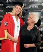  ?? STUFF ?? Monica Leggat, right, then patron of Waikato Netball, with former Silver Ferns player Irene van Dyk, who received an honorary degree from Wintec.