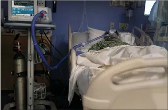  ?? JAE C. HONG — THE ASSOCIATED PRESS ?? A COVID-19 patient, placed on a ventilator, rests at St. Joseph Hospital in Orange on Thursday. Many California hospitals are straining under unpreceden­ted case loads.