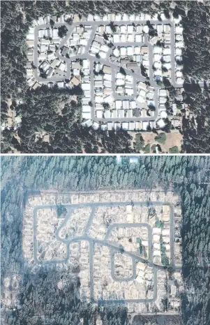  ?? PHOTOS: DIGITALGLO­BE VIA REUTERS ?? Razed . . . The Kilcrease Circle community, in Paradise, before and after the Camp Fire.