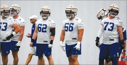  ?? The Associated Press ?? Member of the Indianapol­is Colts offensive line, left to right, Danny Pinter (63), Wesley French (62), Quenton Nelson (56) and Dennis Kelly (73) wear Guardian Cap on their helmets during practice at the NFL team’s football training camp in Westfield, Ind.. The caps are designed to decrease the amount of force received from head contact and hopefully lower the number of concussion injuries usually seen during the lead-up to the season