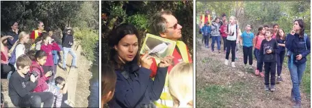  ?? (Photos D.G.) ?? Silencieux et attentifs, les enfants ont réussi à repérer les oiseaux de la Mourachonn­e. Au centre, la fauvette à tête noire en photo... et en « pour de vrai » dans les arbres !