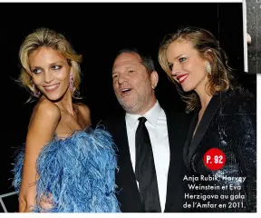  ??  ?? Anja Rubik, Harvey Weinstein et Eva Herzigova au gala de l’Amfar en 2011. P. 92